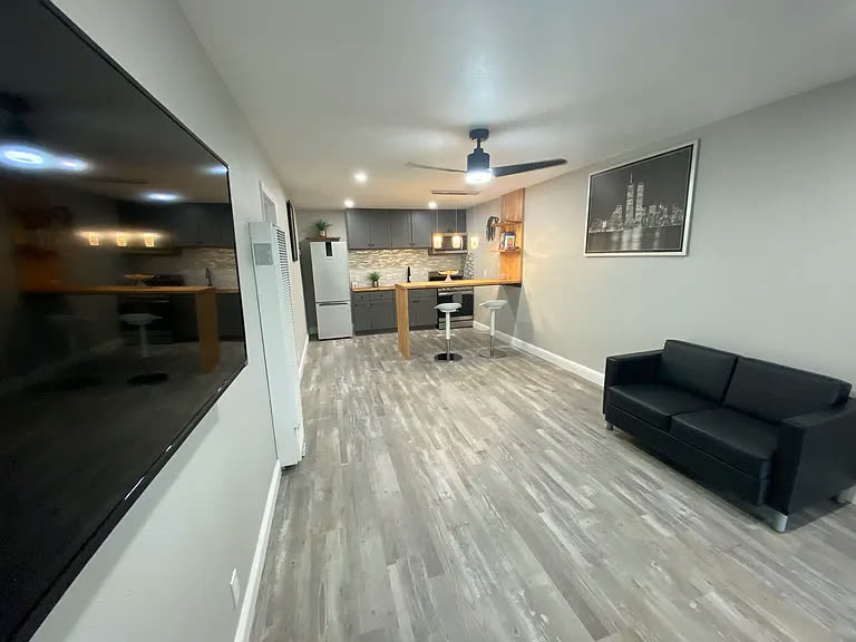 View from the living area toward the kitchen